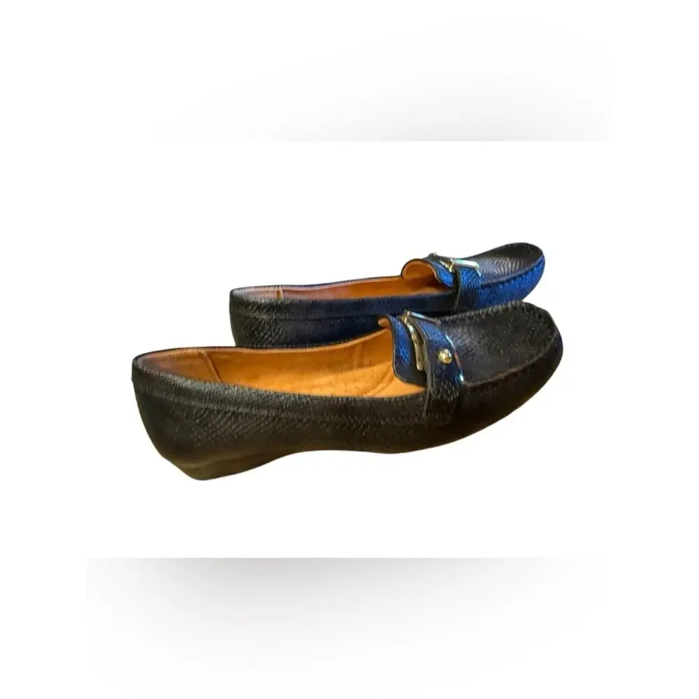 Naturalizer N5 Comfort Black Reptile Textured Loafer Gold Buckle Womens 6.5